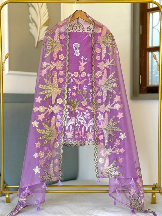 Purple Organza Tissue Applique Multi Embroidery Banarasi Suit With Applique Dupatta 22PNJ_OG4