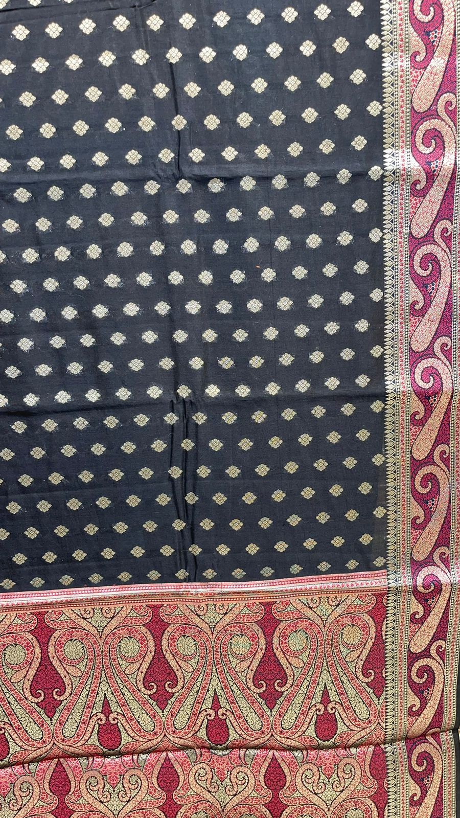 Classic Elegance: Faishana's Pure Silk Handloom Black Chiniya Silk with Gold Zari Booti and Tilfi Anchal Zari Border with Black Blouse Piece