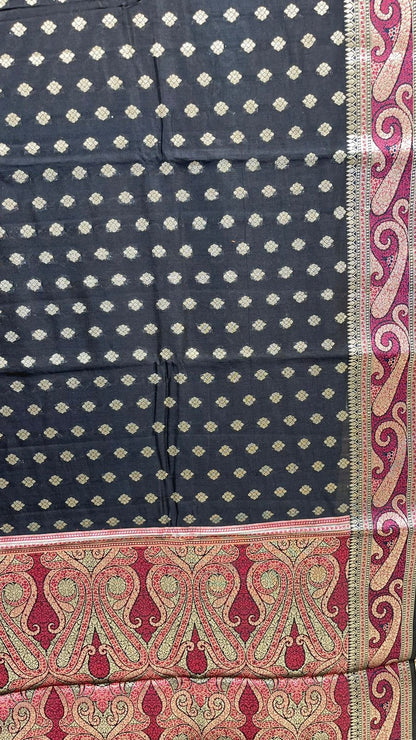 Classic Elegance: Faishana's Pure Silk Handloom Black Chiniya Silk with Gold Zari Booti and Tilfi Anchal Zari Border with Black Blouse Piece
