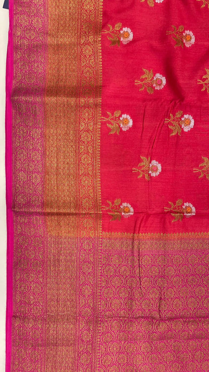 Faishana Pure Silk Handloom Red Muga Silk Zari Mina Floral Booti Contrast Magenta Anchal Copper Zari Border Banarasi Saree with Magenta Blouse