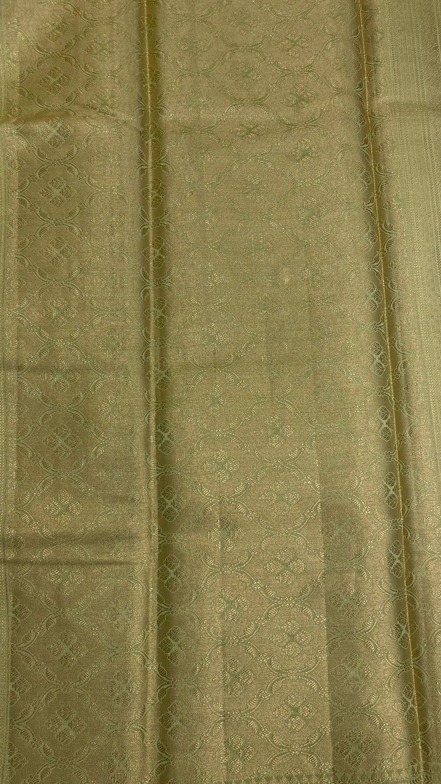 Faishana Presents: Exquisite Pure Silk Handloom Pistachio Chiniya Silk Tilfi Zari Jaal Zig-Zag Banarasi Saree with Minakari Zari Border & Matching Blouse Piece