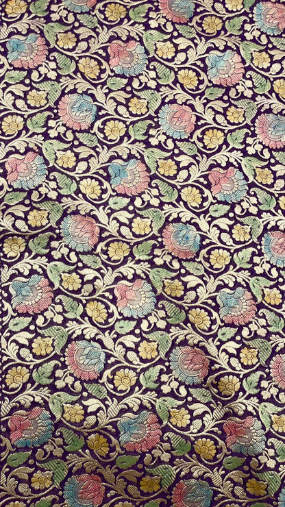 Faishana Pure Silk Handloom Exquisite Purple Khaddi Georgette Hand Brush Floral Zari Kadhwa Jaal with Banarasi Zari Border with Purple Blouse