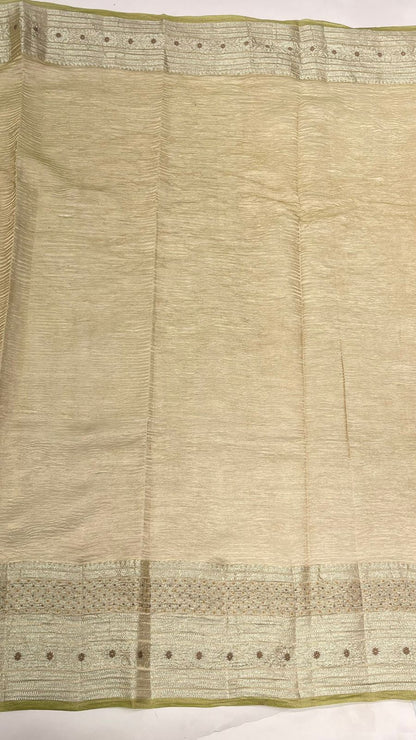 Unveils Elegance: Faishana Pure Silk Handloom Olive Green Crushed Tissue Zari Floral Booti Saree, Adorned with Banarasi Zari Border & Matching Blouse Piece