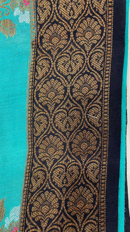 Faishana Pure Silk Handloom Sea Green Muga Silk Zari Mina Floral Booti Contrast Navy Blue Anchal Copper Zari Border Banarasi Saree with Navy Blouse
