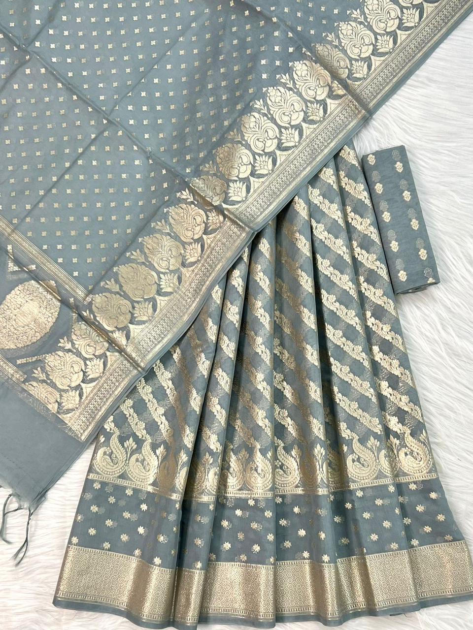 Grey Chanderi Lorex Zari Weave Lehenga With Traditional Paisley Border & Dupatta 250PNJ_LNG14