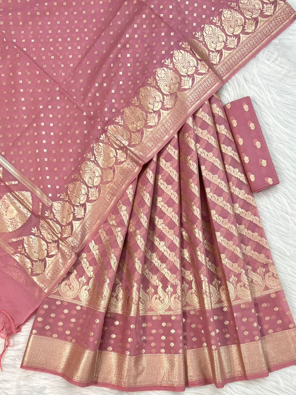 Onion Pink Chanderi Lorex Zari Weave Lehenga With Traditional Paisley Border & Dupatta 250PNJ_LNG15