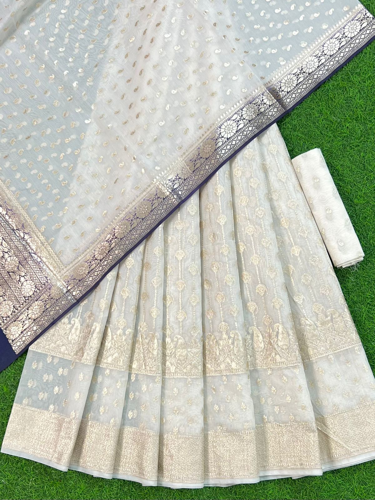 Off-White Chanderi Lorex Zari Lehenga And Floral Booti Blouse With Indigo Blue Border Dupatta 250PNJ_LNG22