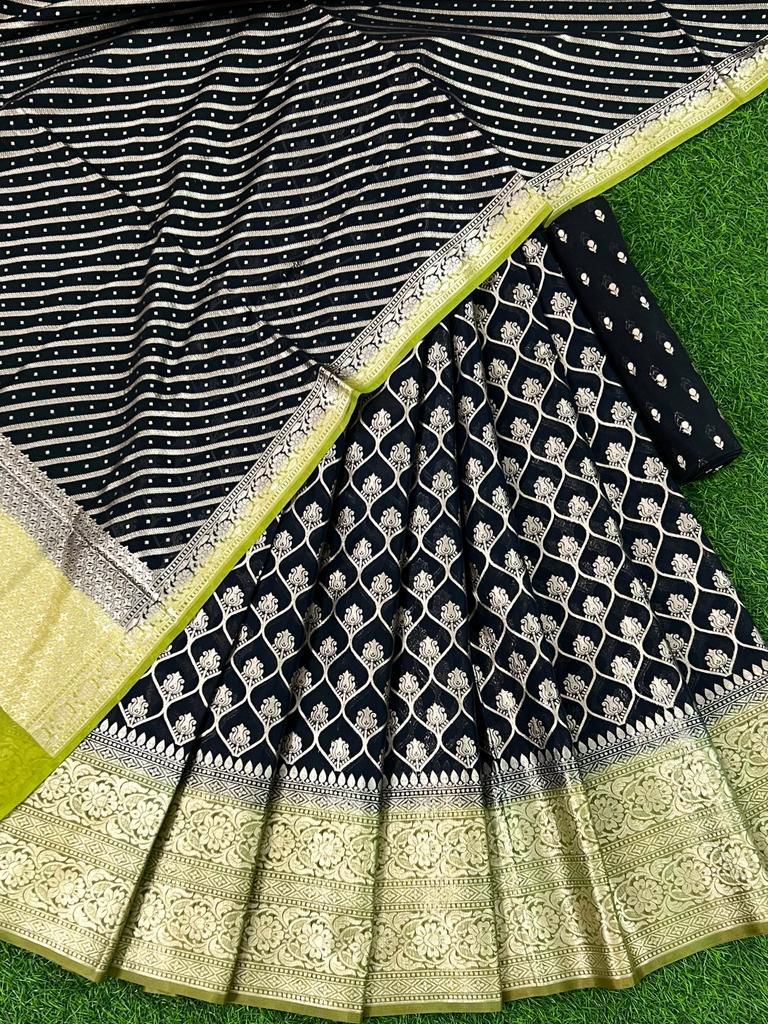 Jet Black Banarasi Silk Lehenga Set With Leheriya Olive Green Border Dupatta 250PNJ_LNG23