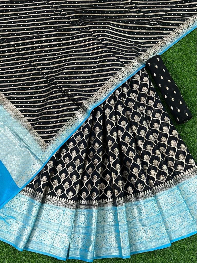 Jet Black Banarasi Silk Lehenga Set With Leheriya Sky Blue Border Dupatta 250PNJ_LNG24