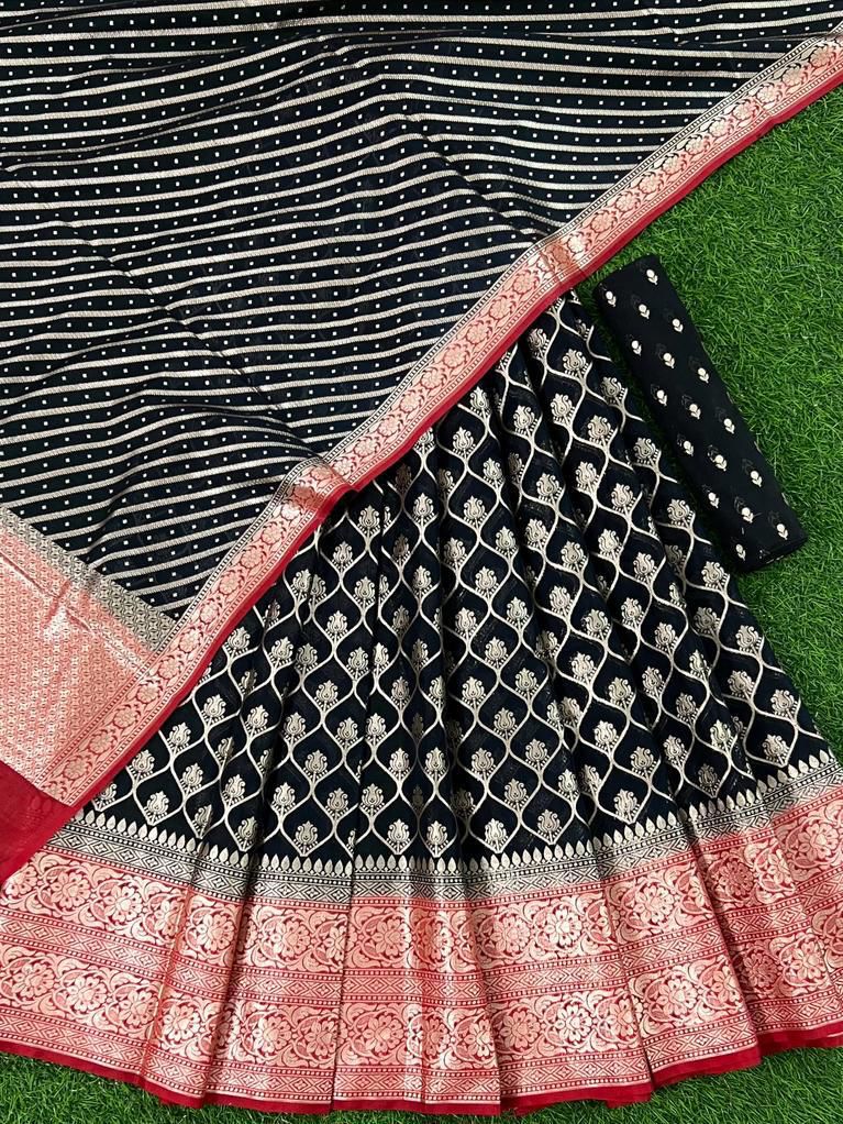 Jet Black Banarasi Silk Lehenga Set With Leheriya Red Border Dupatta 250PNJ_LNG25
