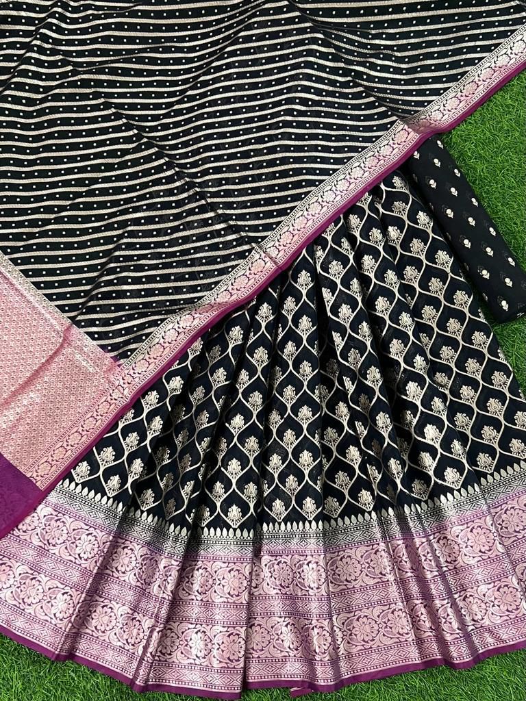 Jet Black Banarasi Silk Lehenga Set With Leheriya Purple Border Dupatta 250PNJ_LNG26