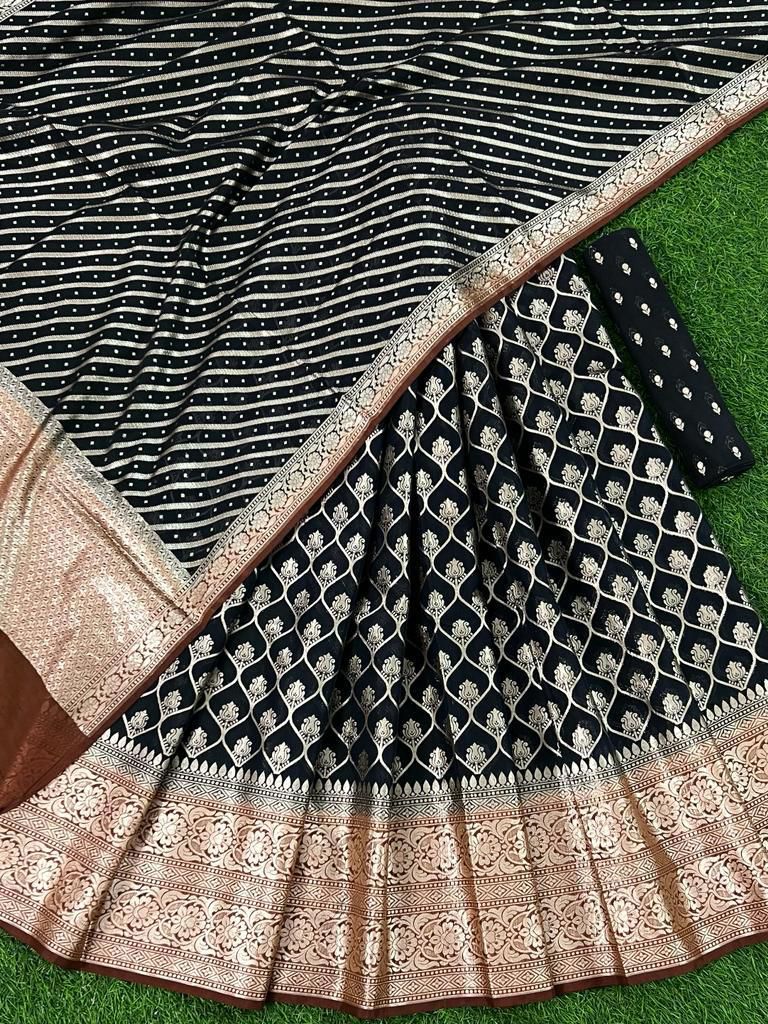 Jet Black Banarasi Silk Lehenga Set With Leheriya Brown Border Dupatta 250PNJ_LNG27