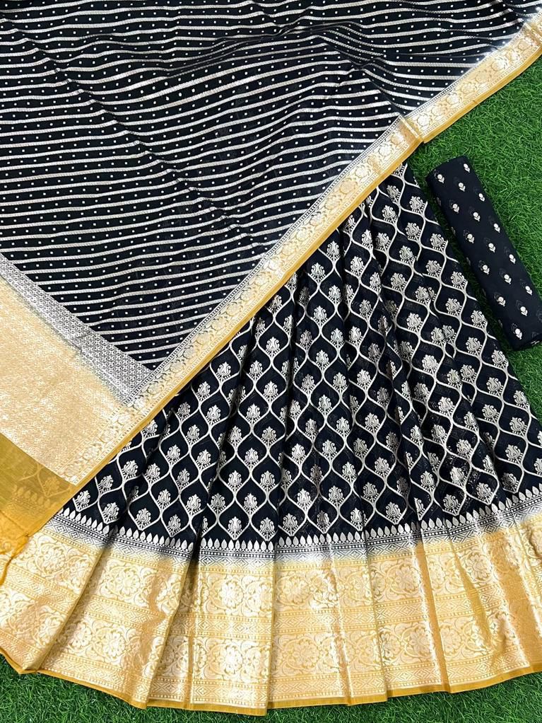 Jet Black Banarasi Silk Lehenga Set With Leheriya Gold Border Dupatta 250PNJ_LNG28