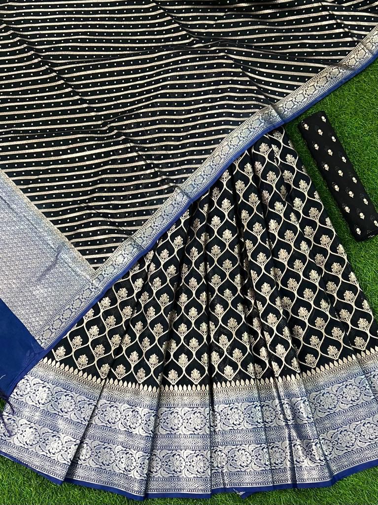 Jet Black Banarasi Silk Lehenga Set With Leheriya Indigo Blue Border Dupatta 250PNJ_LNG29