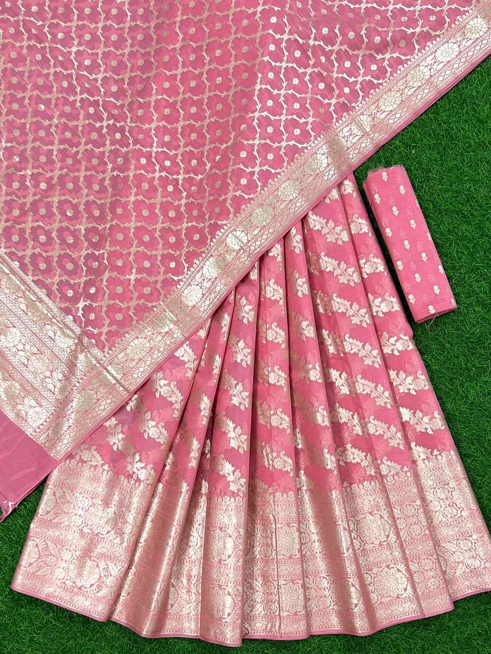 Baby Pink Chanderi Lorex Weave Floral Jaal Lehenga Set With Alfi Jaal Dupatta 250PNJ_LNG30