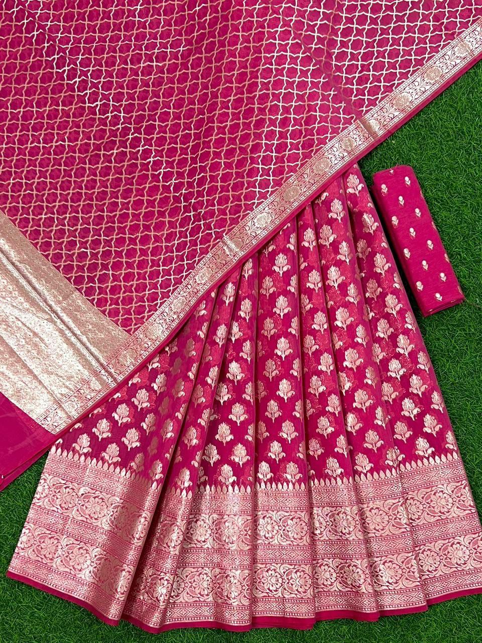 Pink Banarasi Chanderi Lehenga With Skirt Border And Zari Jaal Dupatta 250PNJ_LNG34