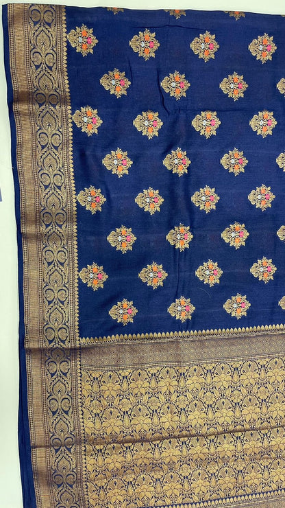 Royal Elegance: Faishana Pure Silk Handloom Navy Blue Munga Silk Minakari Zari Boota Banarasi Saree Small Zari Border with Blue Blouse