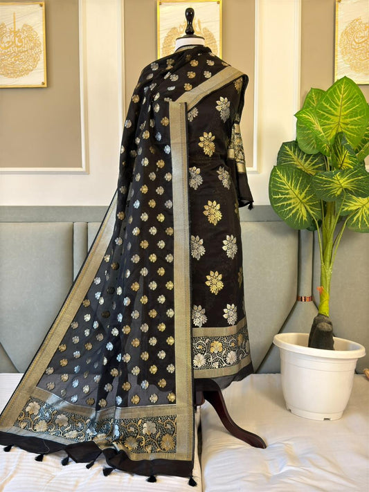 Black Tussar Silk Alfi Mina Sona Roopa Boota Banarasi Suit With Floral Booti Dupatta 260PNJ_TS1
