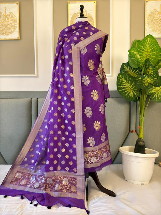 Purple Tussar Silk Alfi Mina Sona Roopa Boota Banarasi Suit With Floral Booti Dupatta 260PNJ_TS2