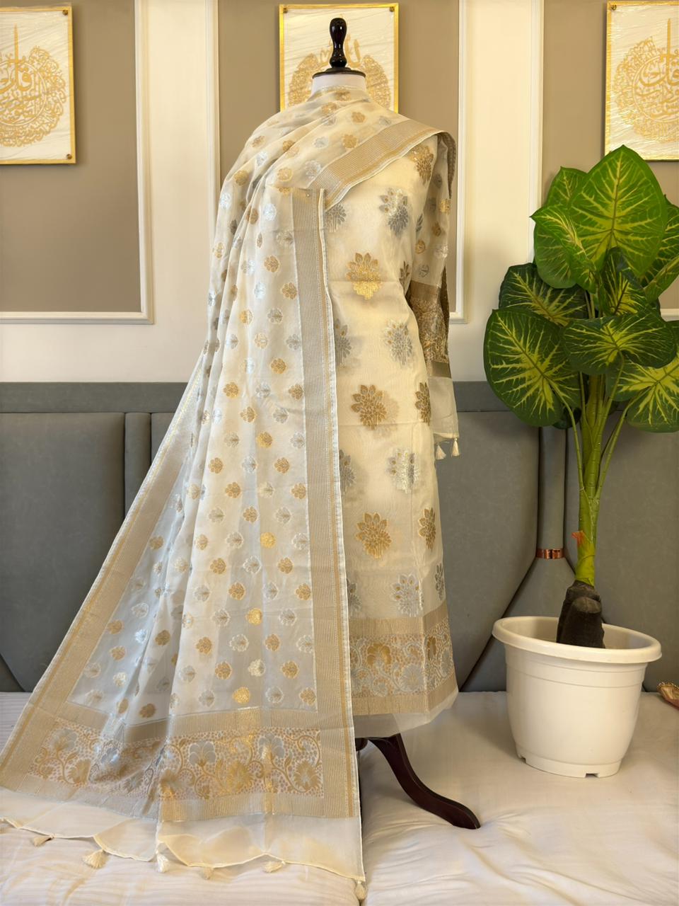 Ivory White Tussar Silk Alfi Mina Sona Roopa Boota Banarasi Suit With Floral Booti Dupatta 260PNJ_TS4