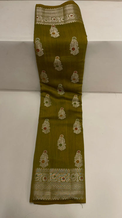 Enchanting Elegance: Faishana Pure Silk Handloom Olive Green Munga Silk Zari Minakari Jaal Anchal Saree with Banarasi Minakari Zari Border by an Olive Green Blouse Piece