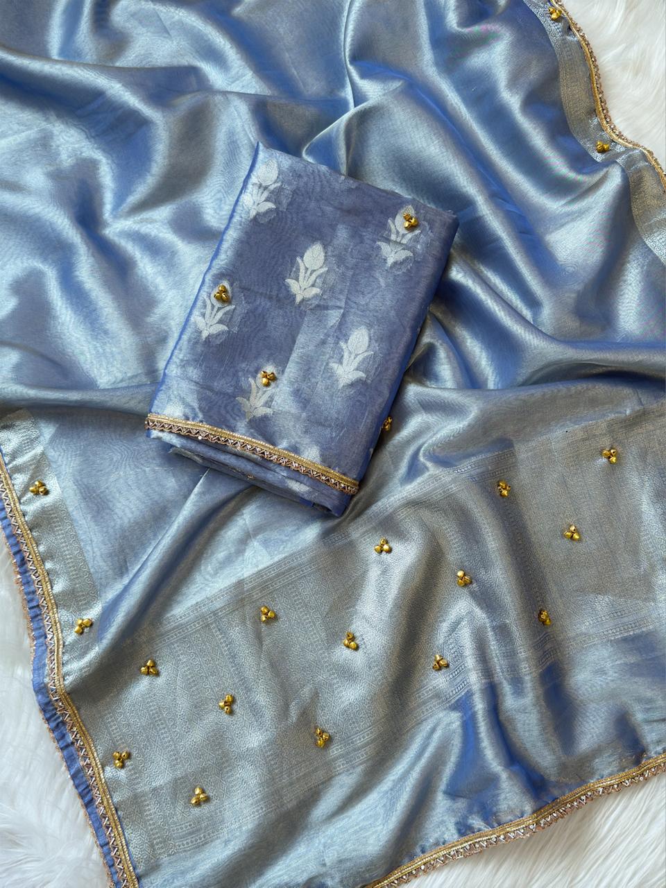 Light Blue Tissue Silk Floral Zari Booti Ghungroo work with Lace Border Banarasi Suit 270PNJ_TSG1