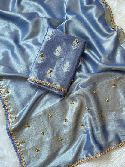 Light Blue Tissue Silk Floral Zari Booti Ghungroo work with Lace Border Banarasi Suit 270PNJ_TSG1