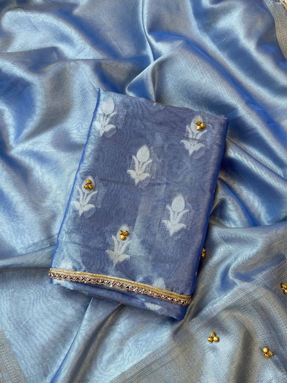 Light Blue Tissue Silk Floral Zari Booti Ghungroo work with Lace Border Banarasi Suit 270PNJ_TSG1
