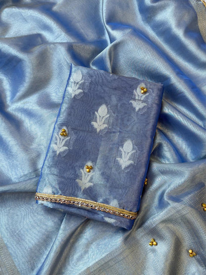 Light Blue Tissue Silk Floral Zari Booti Ghungroo work with Lace Border Banarasi Suit 270PNJ_TSG1