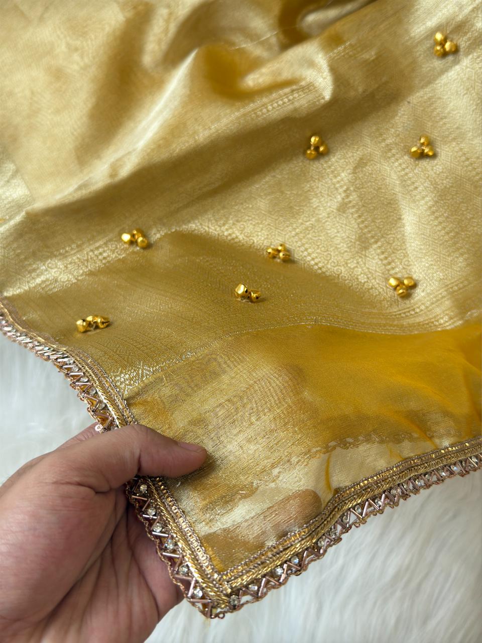 Yellow Tissue Silk Floral Zari Booti Ghungroo work with Lace Border Banarasi Suit 270PNJ_TSG2