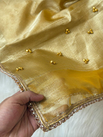 Yellow Tissue Silk Floral Zari Booti Ghungroo work with Lace Border Banarasi Suit 270PNJ_TSG2