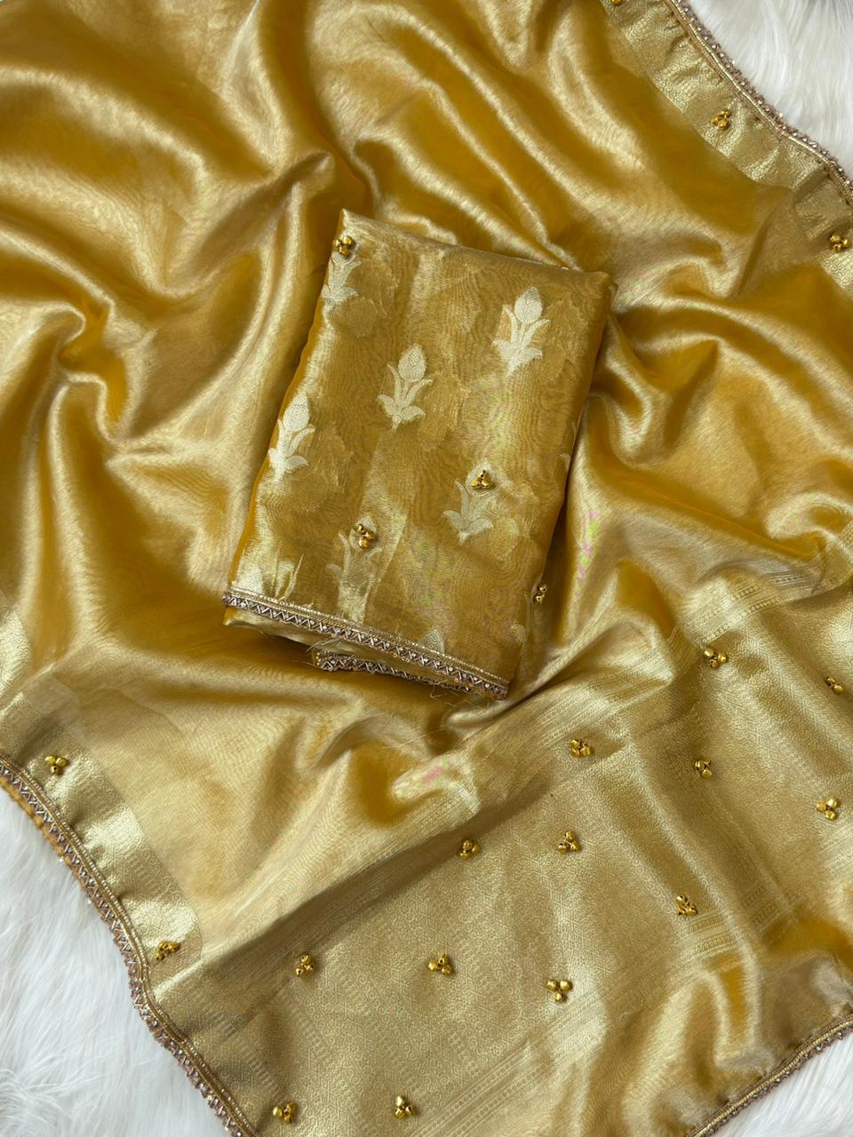 Yellow Tissue Silk Floral Zari Booti Ghungroo work with Lace Border Banarasi Suit 270PNJ_TSG2