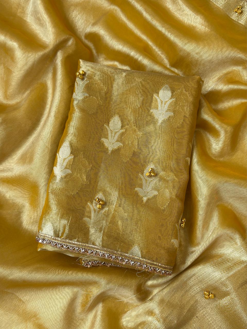 Yellow Tissue Silk Floral Zari Booti Ghungroo work with Lace Border Banarasi Suit 270PNJ_TSG2