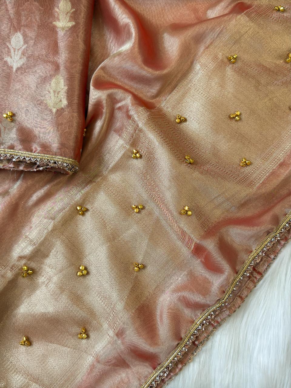 Peach Tissue Silk Floral Zari Booti Ghungroo work with Lace Border Banarasi Suit 270PNJ_TSG3