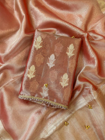 Peach Tissue Silk Floral Zari Booti Ghungroo work with Lace Border Banarasi Suit 270PNJ_TSG3