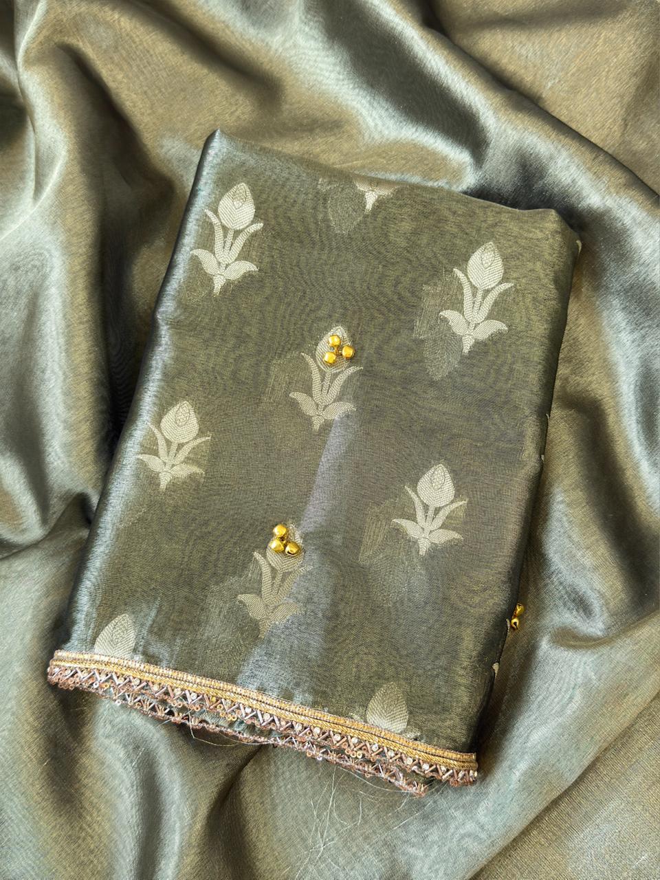 Grey Tissue Silk Floral Zari Booti Ghungroo work with Lace Border Banarasi Suit 270PNJ_TSG4