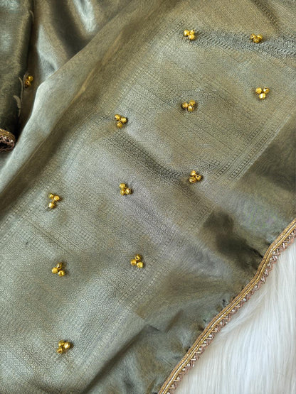 Grey Tissue Silk Floral Zari Booti Ghungroo work with Lace Border Banarasi Suit 270PNJ_TSG4