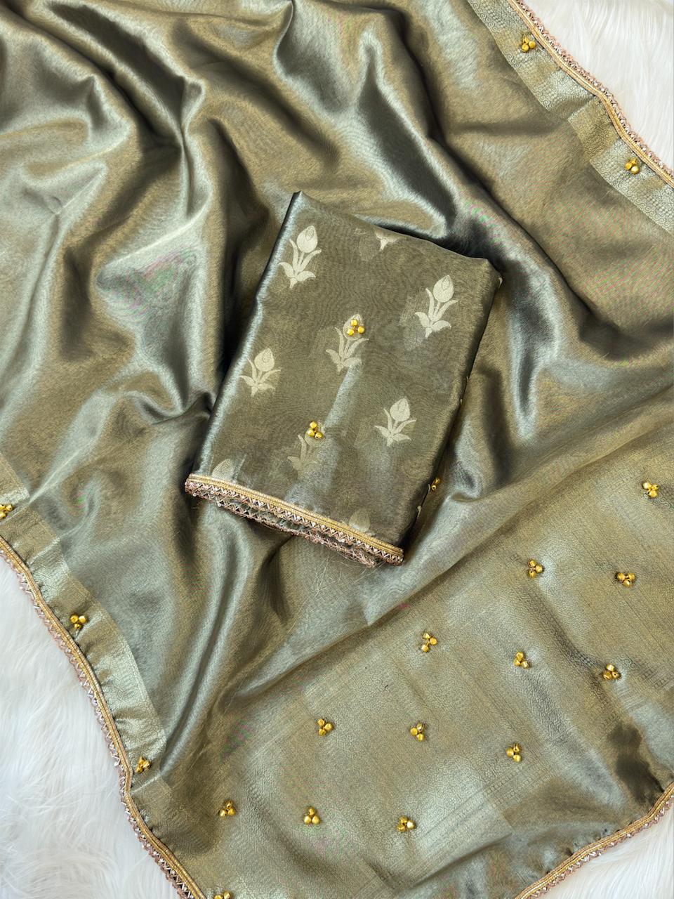 Grey Tissue Silk Floral Zari Booti Ghungroo work with Lace Border Banarasi Suit 270PNJ_TSG4