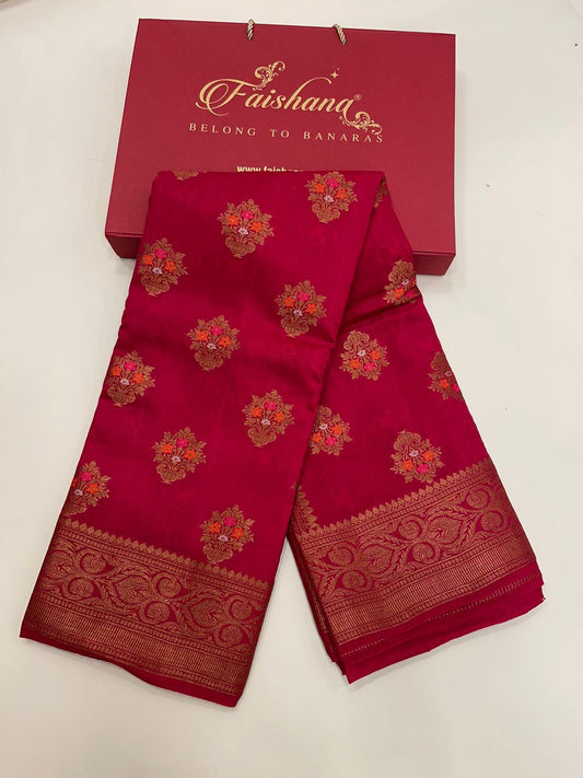 Timeless Elegance: Faishana Pure Silk Handloom Red Munga Silk Minakari Zari Booti Banarasi Saree with Small Zari Border & Red Blouse