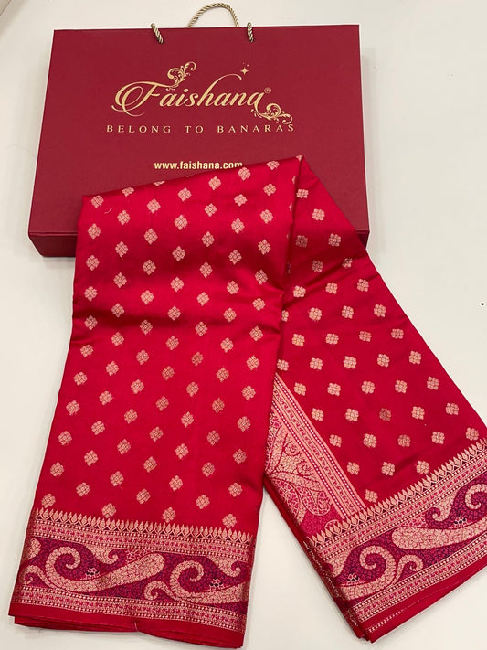 Regal Elegance: Faishana's Exquisite Pure Silk Handloom Red Chiniya Silk Saree with Gold Zari Booti & Tilfi Anchal with Tilfi Zari Border and with Red Blouse