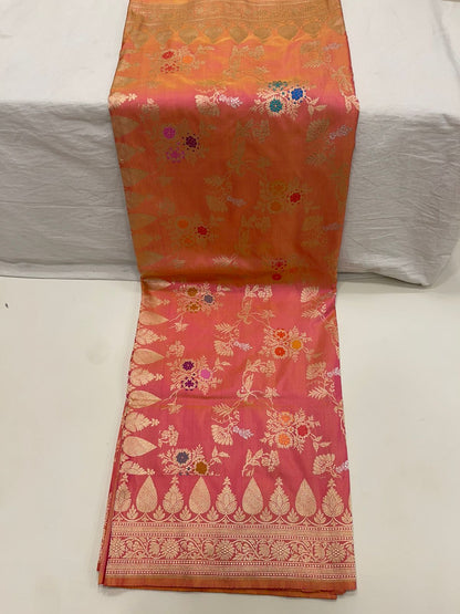 Timeless Elegance: Faishana Pure Silk Handloom Unveils Peach Ektara Dhoop Chav Katan Silk Kadhua Minakari Floral Jangla Jaal with Peach Stripe Blouse Saree