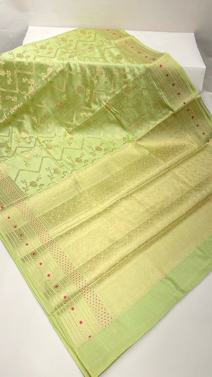 Faishana Presents: Exquisite Pure Silk Handloom Pistachio Chiniya Silk Tilfi Zari Jaal Zig-Zag Banarasi Saree with Minakari Zari Border & Matching Blouse Piece