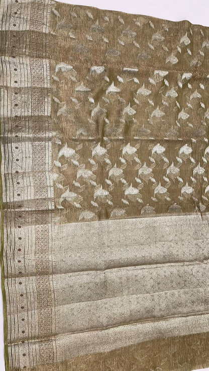 Unveils Elegance: Faishana Pure Silk Handloom Olive Green Crushed Tissue Zari Floral Booti Saree, Adorned with Banarasi Zari Border & Matching Blouse Piece