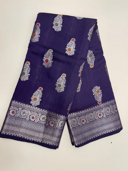 Royal Elegance: Faishana Pure Silk Handlom Navy Blue Munga Silk Zari Mina Booti Saree with Minakari Jaal Anchal Zari Border Paired with a Matching Blouse Piece