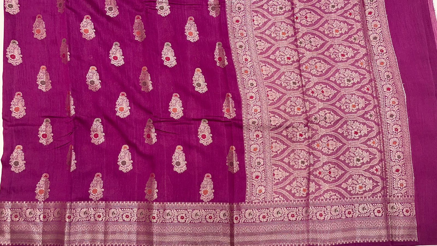 Faishana Pure Silk Handloom Pink Pure Muga Silk Zari Mina Booti Minakari Jaal Pallu with Minakari Zari Border Banarasi Saree with Pink Blouse