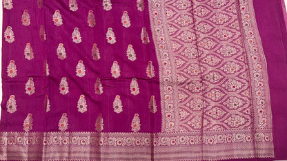 Faishana Pure Silk Handloom Pink Pure Muga Silk Zari Mina Booti Minakari Jaal Pallu with Minakari Zari Border Banarasi Saree with Pink Blouse
