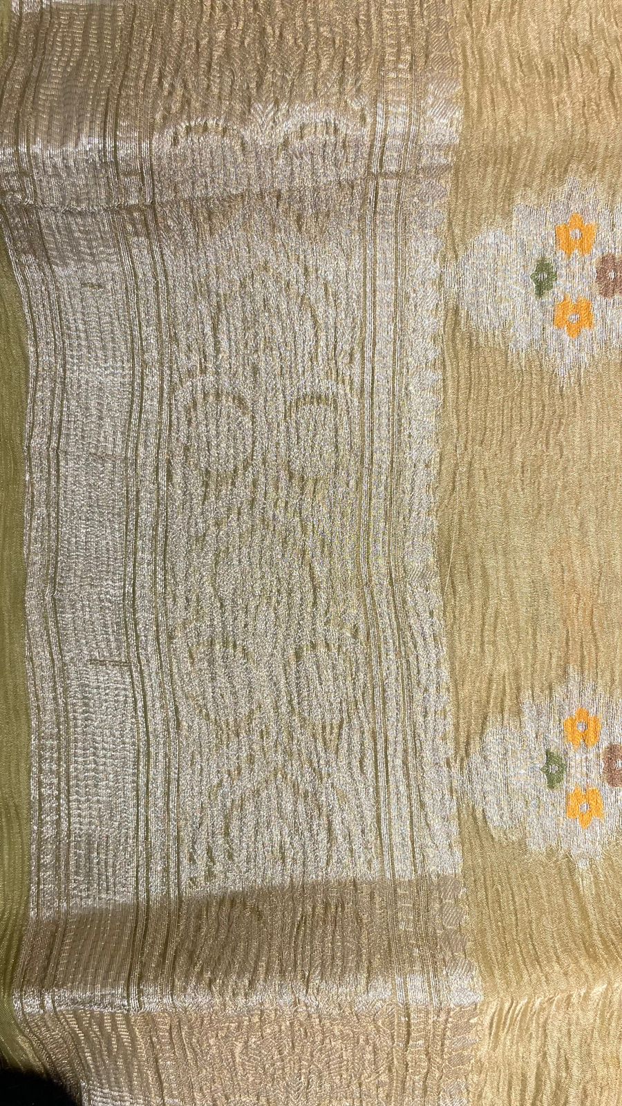 Faishana Elegance: Faishana's Pure Silk Handloom Olive Crush Tissue Zari Minakari Booti with Zari Border and matching Olive Blouse Piece