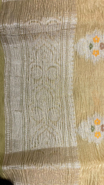 Faishana Elegance: Faishana's Pure Silk Handloom Olive Crush Tissue Zari Minakari Booti with Zari Border and matching Olive Blouse Piece