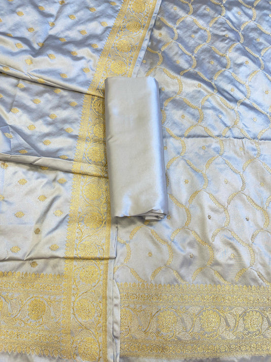 Grey Premium Handloom Mashru Silk Floral Zari Booti with Zari Jaal Dupatta Handloom Banarasi 3 pcs Suit Set 3000AJ_MSR13