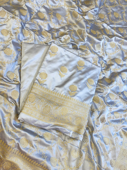 Grey Premium Handloom Mashru Silk Floral Zari Booti with Zari Jaal Dupatta Handloom Banarasi 3 pcs Suit Set 3000AJ_MSR15